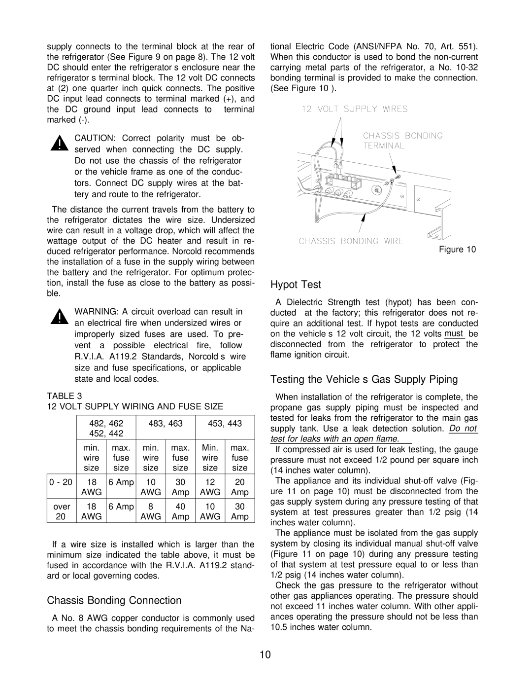 Norcold 453, 483, 463, 482, 443, 462, 452 Chassis Bonding Connection, Hypot Test, Testing the Vehicle’s Gas Supply Piping, Awg 