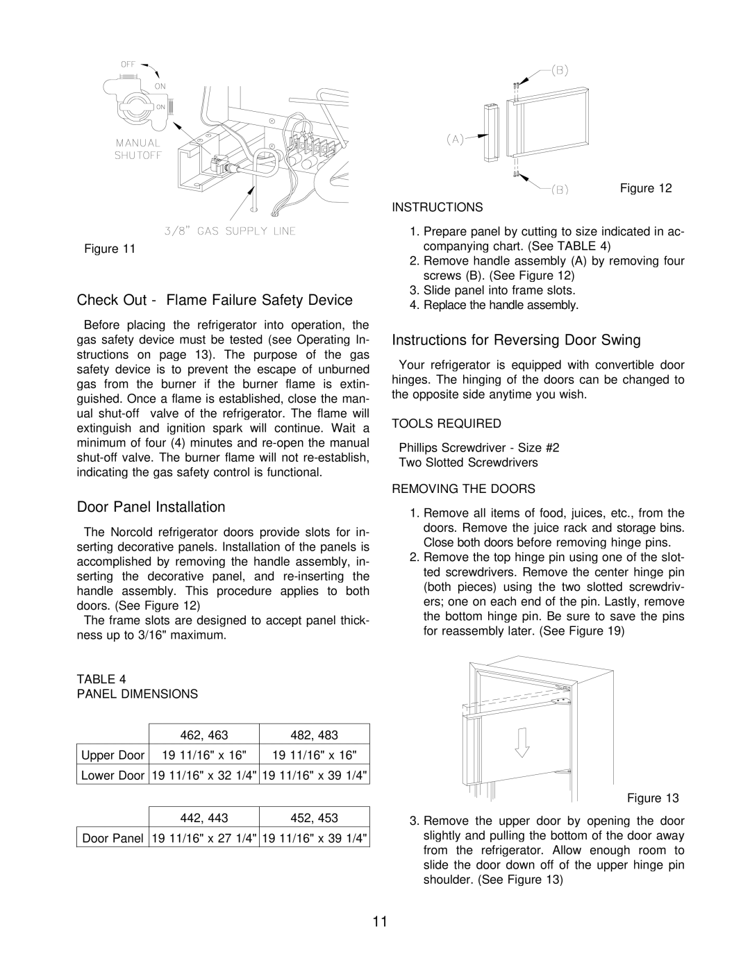 Norcold 482, 483, 463 Check Out Flame Failure Safety Device, Door Panel Installation, Instructions for Reversing Door Swing 