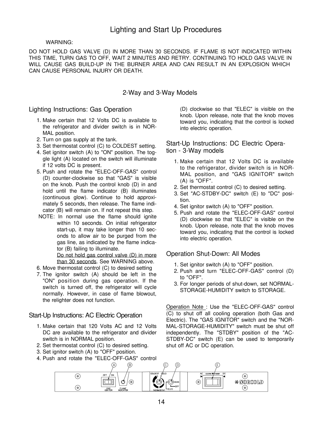 Norcold 452, 483, 463 Way and 3-Way Models Lighting Instructions Gas Operation, Start-Up Instructions AC Electric Operation 