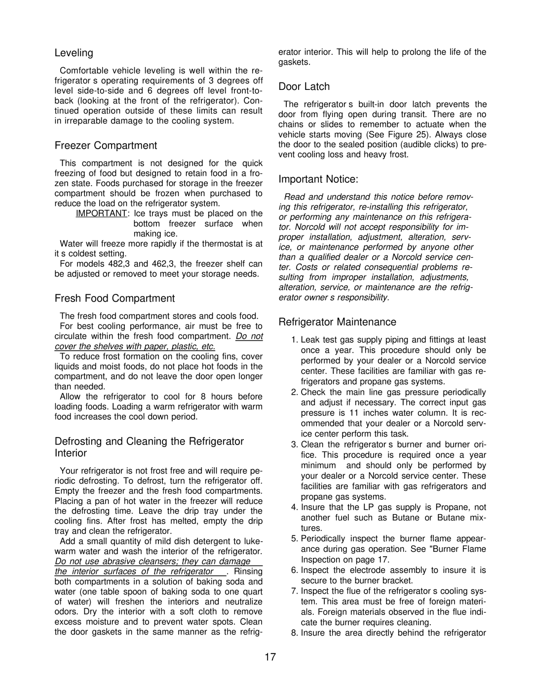 Norcold 463, 483 Leveling, Freezer Compartment, Fresh Food Compartment, Defrosting and Cleaning the Refrigerator Interior 