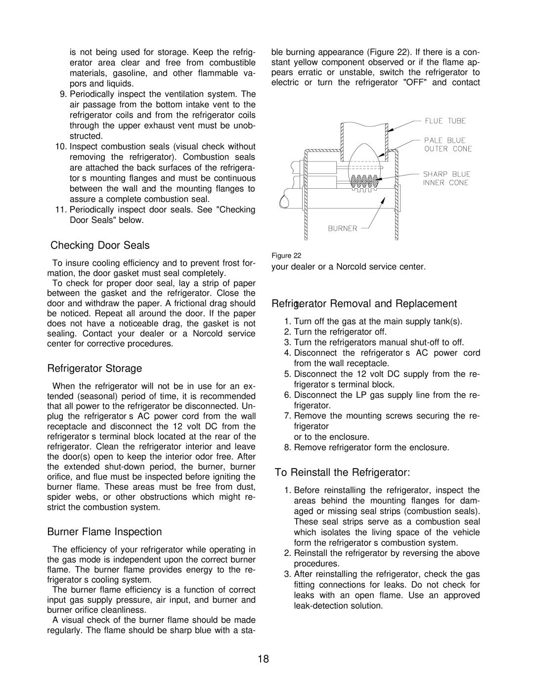 Norcold 453 Checking Door Seals, Refrigerator Storage, Burner Flame Inspection, Refrigerator1. Removal and Replacement 