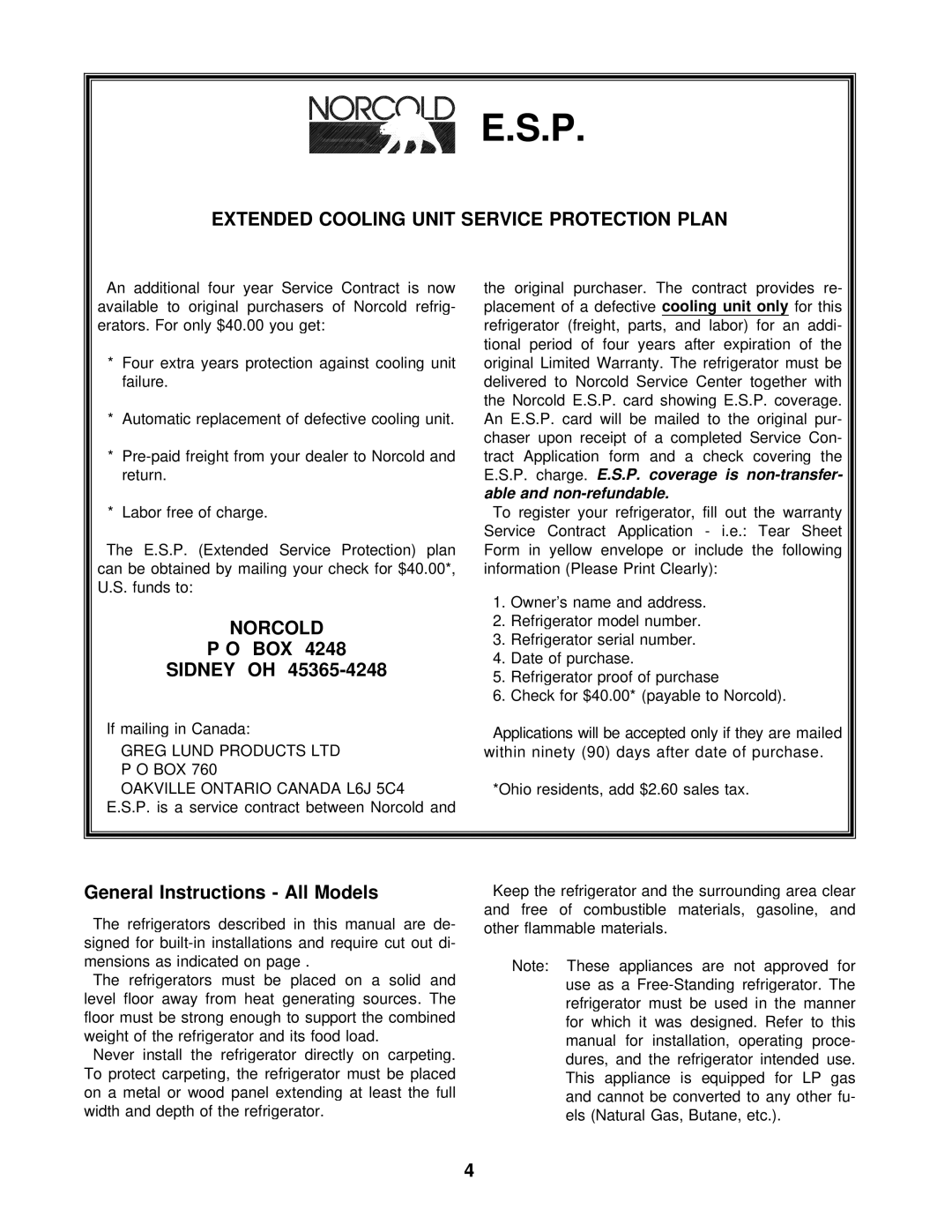 Norcold 443, 483 Extended Cooling Unit Service Protection Plan, Norcold, BOX Sidney OH, General Instructions All Models 