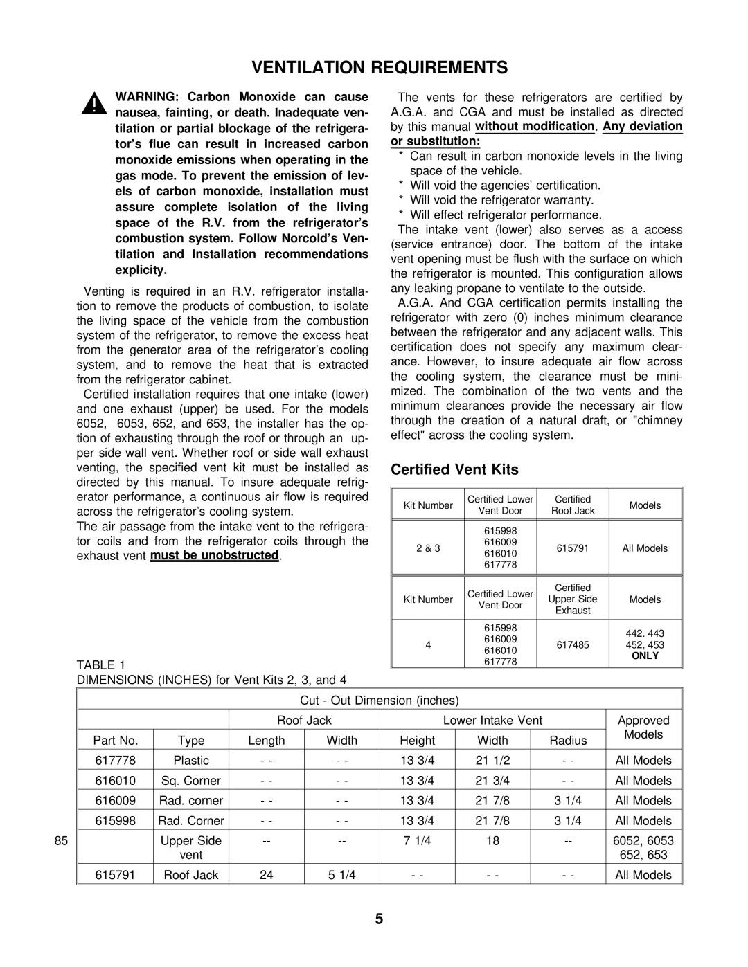 Norcold 462, 483, 463, 453, 482, 443, 452, 442 specifications Ventilation Requirements, Certified Vent Kits 