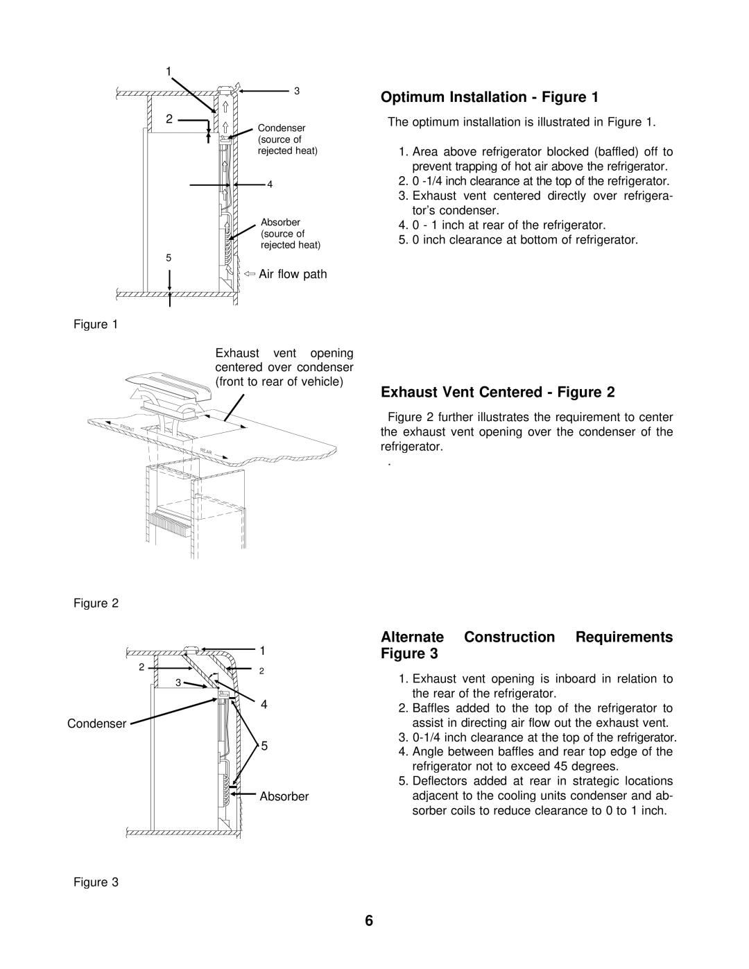 Norcold 452, 483, 463 Optimum Installation Figure, Exhaust Vent Centered Figure, Alternate Construction Requirements Figure 