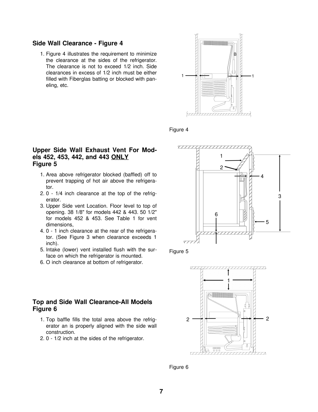 Norcold 442, 483, 463, 453, 482, 443, 462, 452 specifications Side Wall Clearance Figure, Top and Side Wall Clearance-All Models 