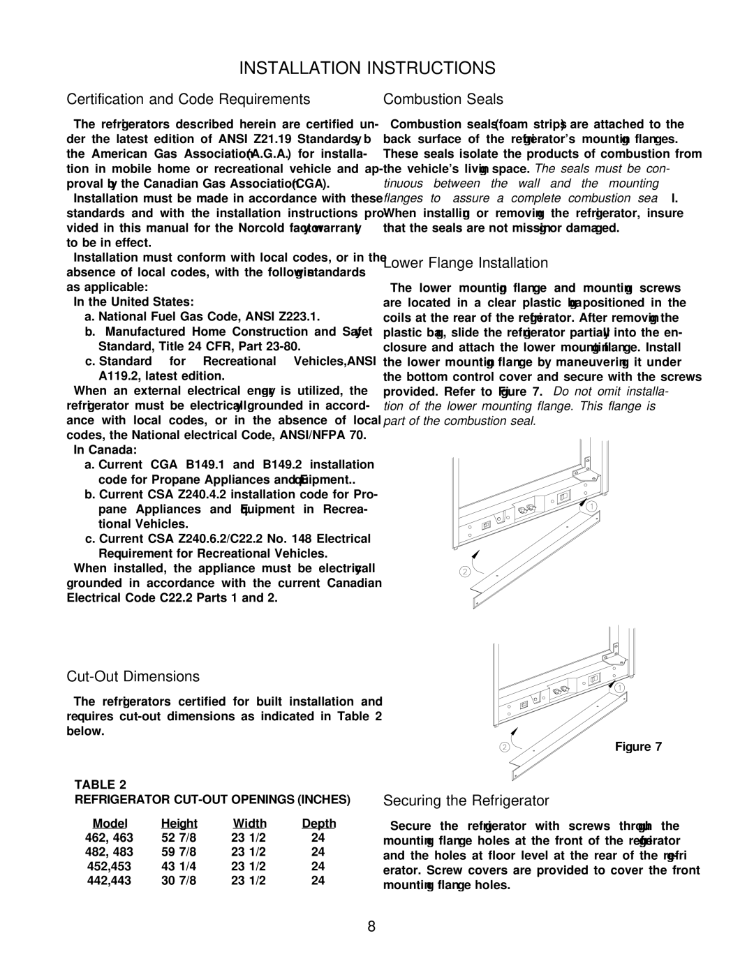 Norcold 483, 463, 453, 482, 443, 462, 452, 442 specifications Installation Instructions 