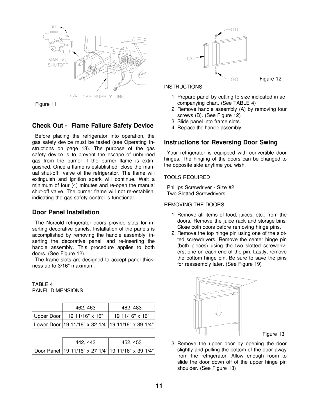 Norcold 482, 483 Check Out - Flame Failure Safety Device, Door Panel Installation, Instructions for Reversing Door Swing 