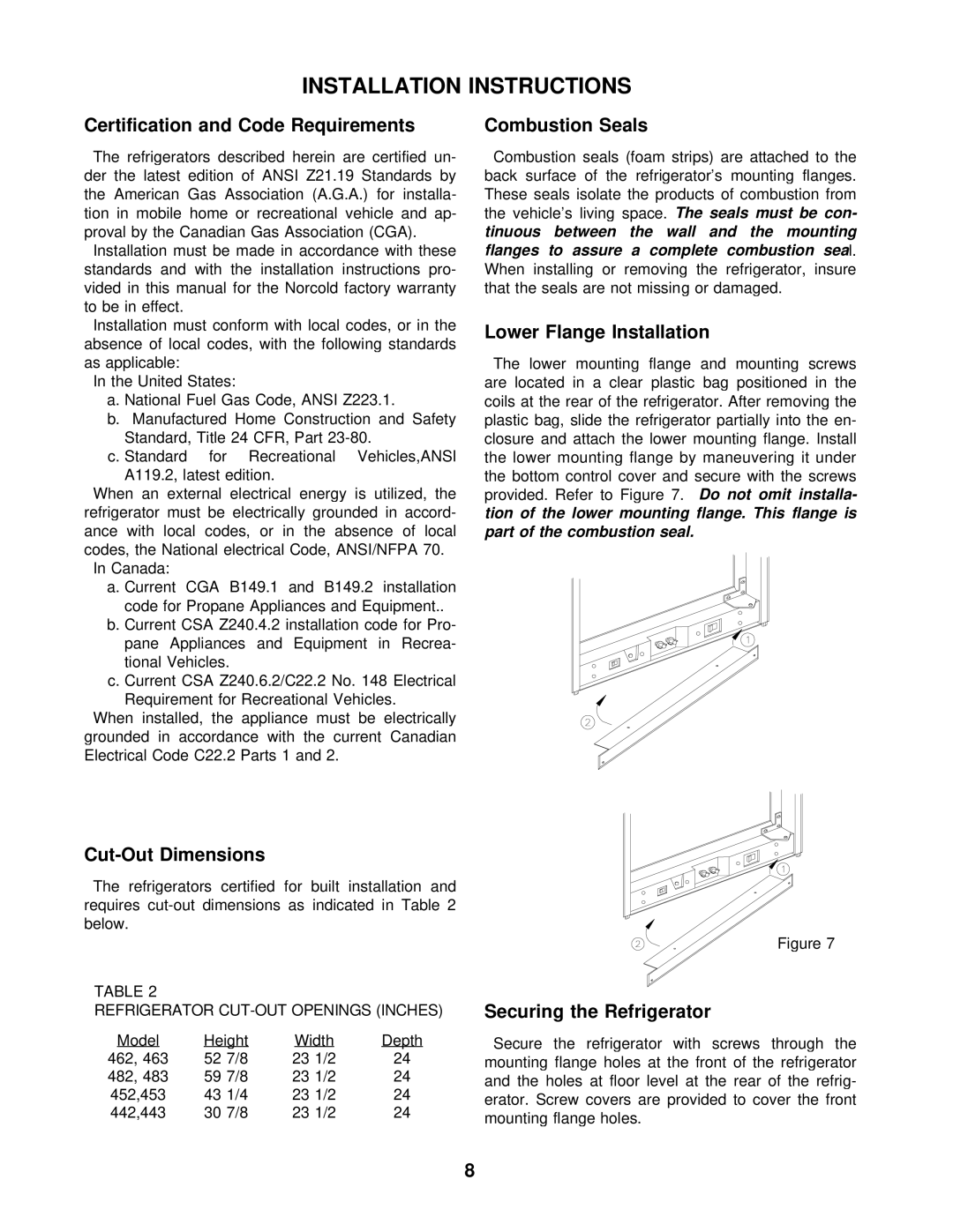 Norcold 483 Installation Instructions, Certification and Code Requirements, Combustion Seals, Lower Flange Installation 
