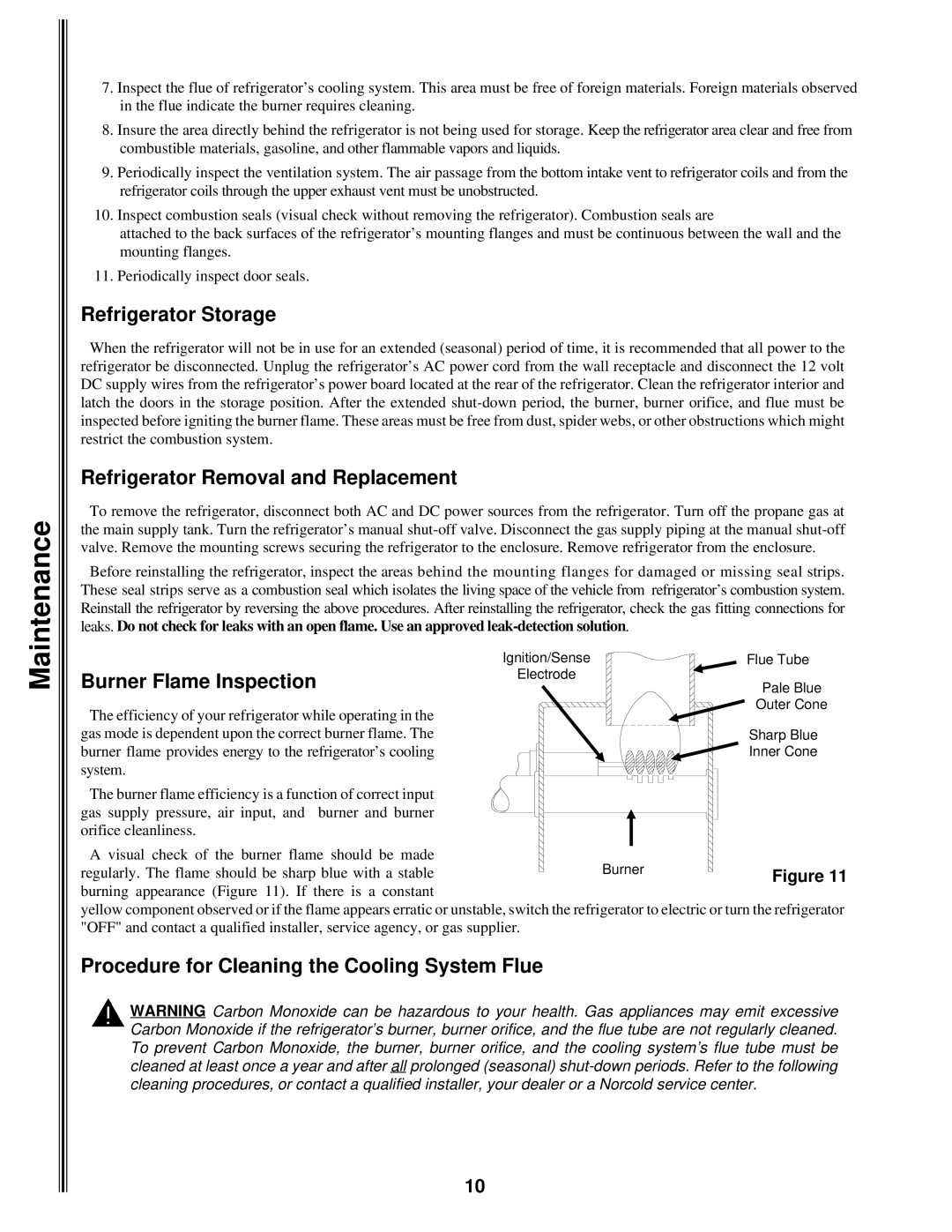 Norcold 9182, 9162, 9163 Maintenance, Refrigerator Storage, Refrigerator Removal and Replacement, Burner Flame Inspection 