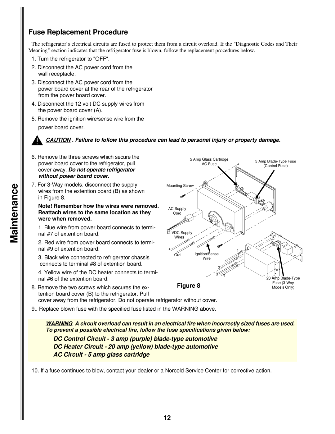 Norcold 9162, 9163, 9182, 9183 manual Fuse Replacement Procedure 