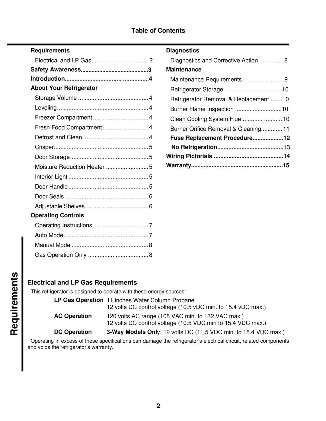 Norcold 9182, 9162, 9163, 9183 manual Table of Contents, Electrical and LP Gas Requirements 