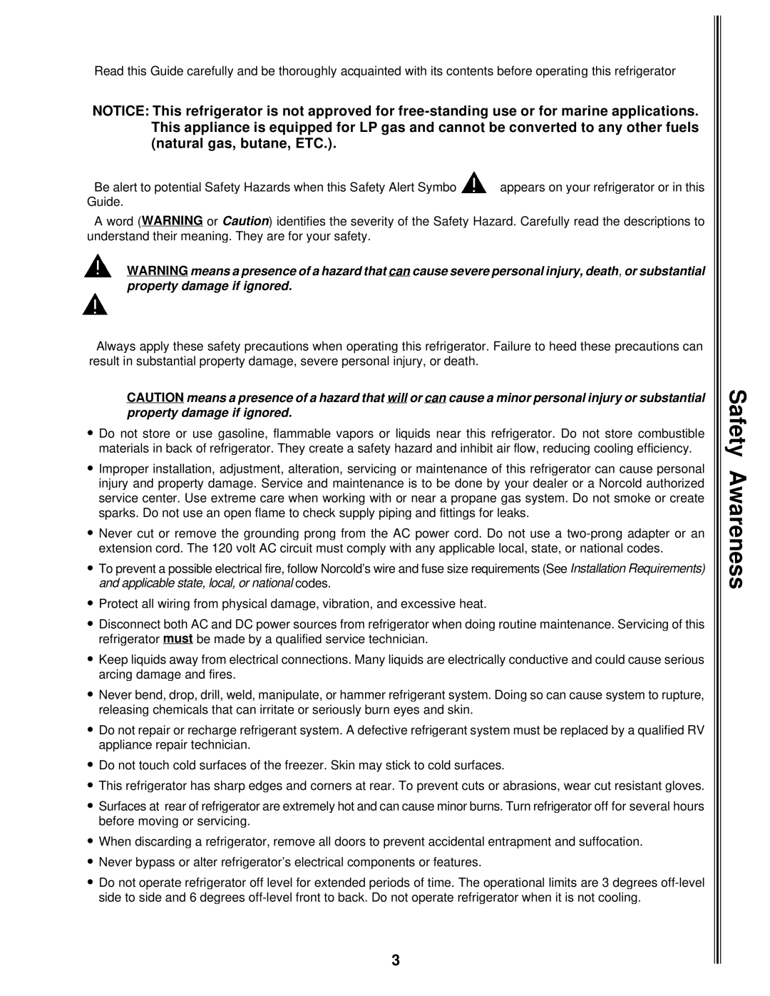 Norcold 9183, 9162, 9163, 9182 manual Safety Awareness 