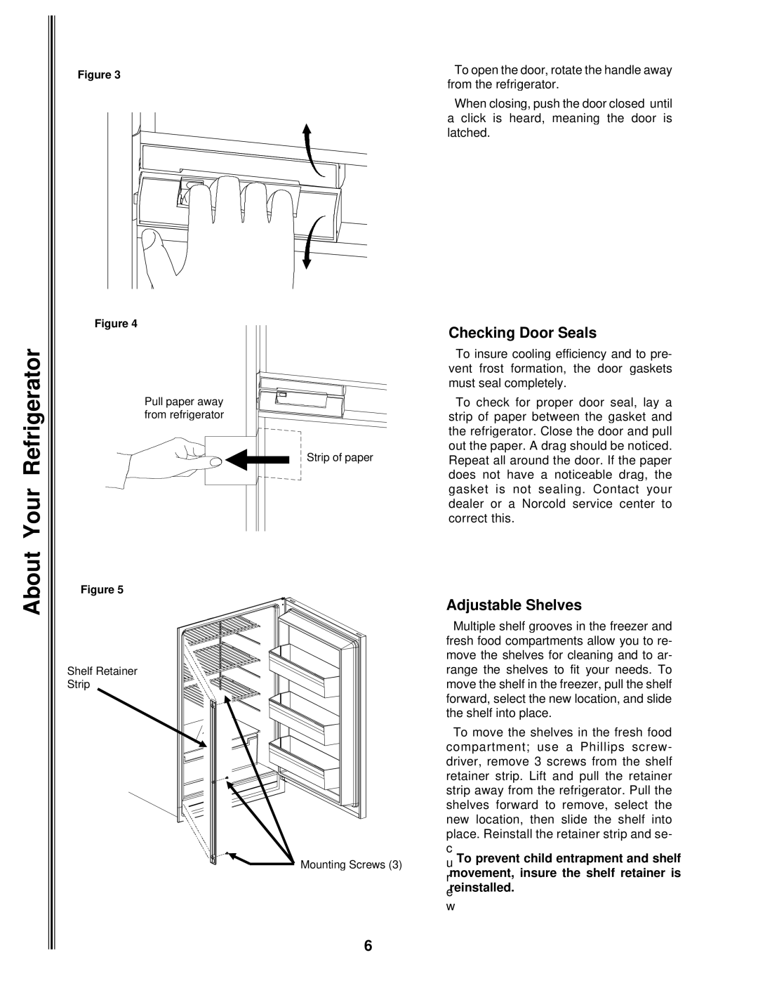 Norcold 9182, 9162, 9163, 9183 manual Checking Door Seals, Adjustable Shelves 