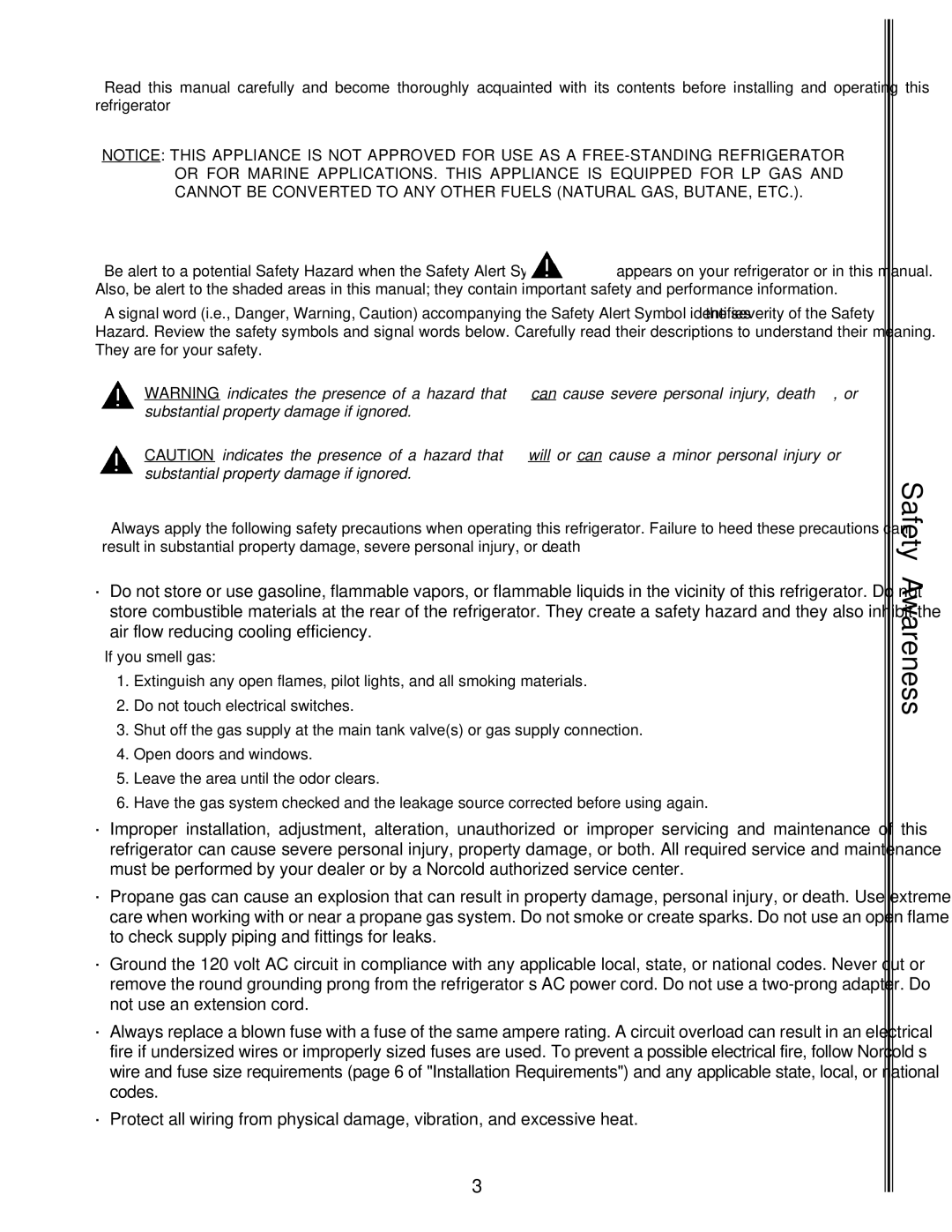 Norcold 963, 983, 962, 982 manual Safety Awareness 