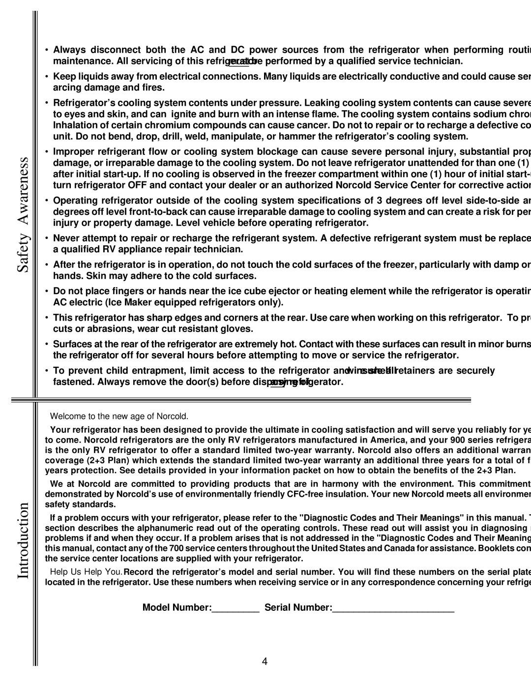 Norcold 983, 962, 982, 963 manual Model Number Serial Number 
