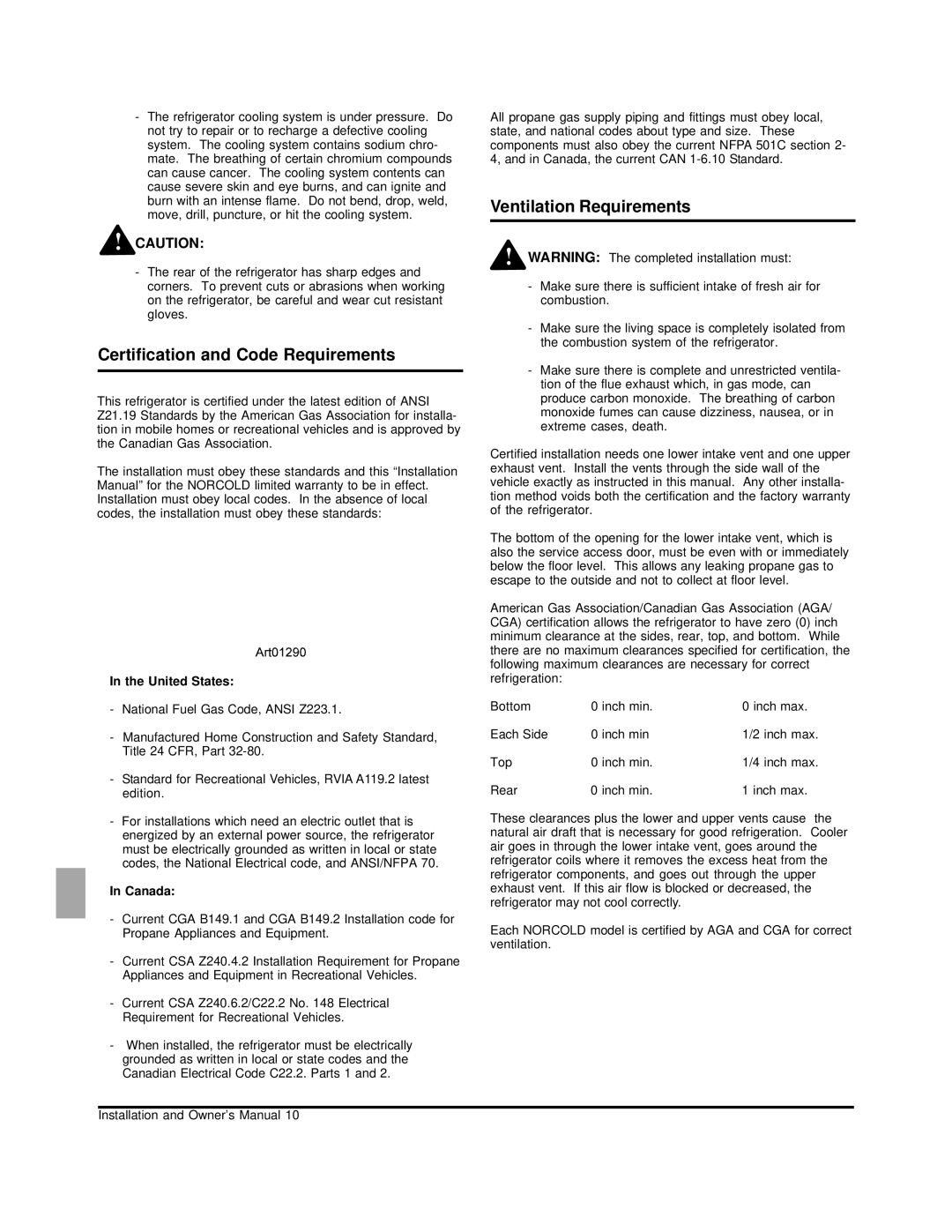 Norcold N260 owner manual Certification and Code Requirements, Ventilation Requirements 