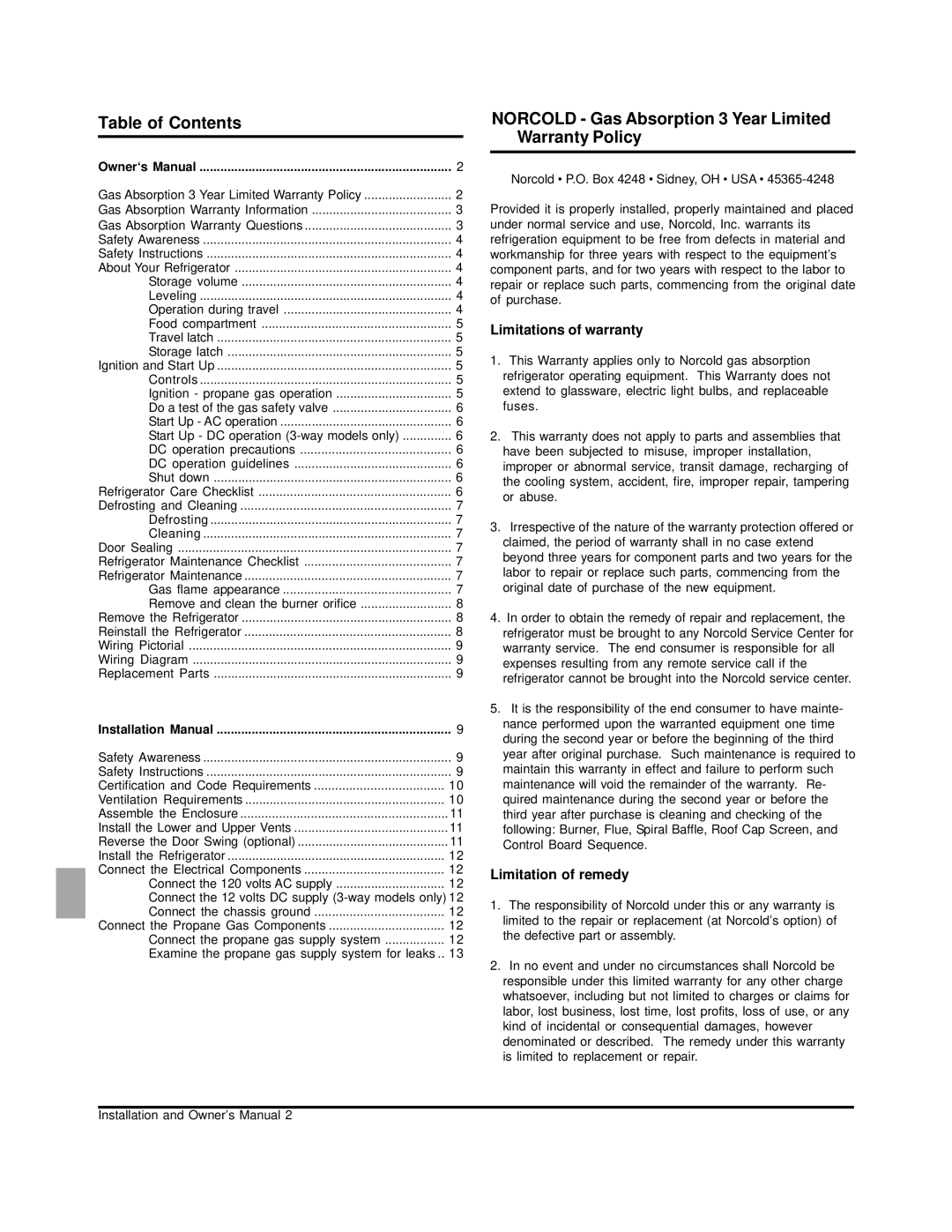 Norcold N260 owner manual Table of Contents, Norcold Gas Absorption 3 Year Limited Warranty Policy 