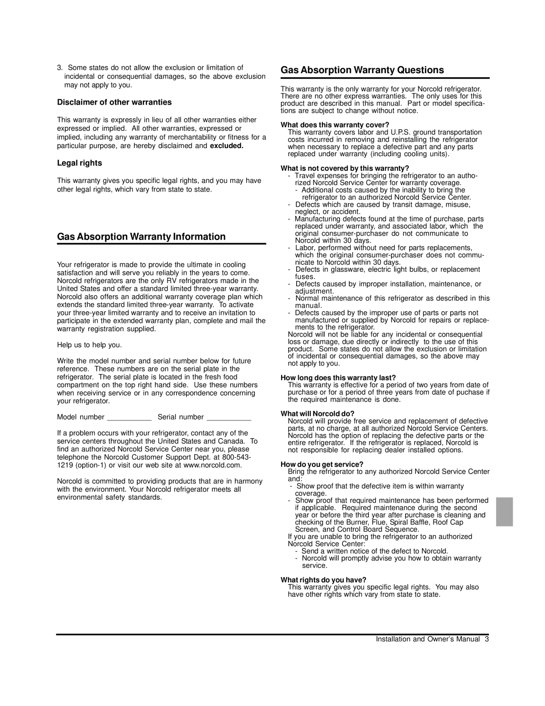 Norcold N260 Gas Absorption Warranty Information, Gas Absorption Warranty Questions, Disclaimer of other warranties 