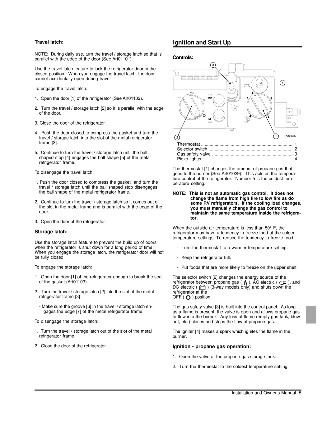 Norcold N260 owner manual Ignition and Start Up, Travel latch, Storage latch, Controls, Ignition propane gas operation 