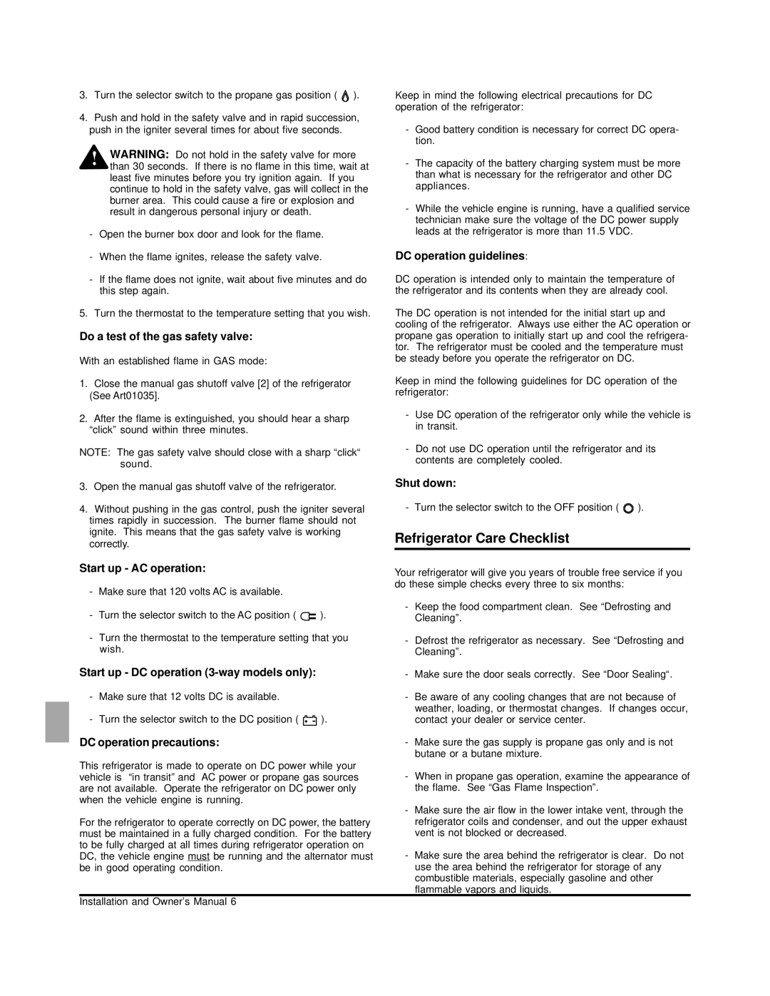 Norcold N260 owner manual Refrigerator Care Checklist 