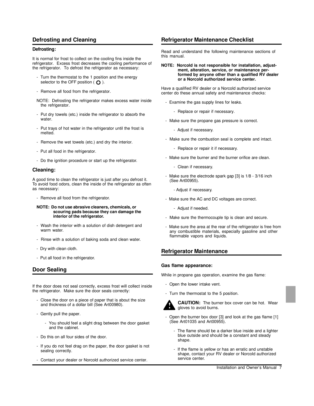 Norcold N260 Defrosting and Cleaning, Refrigerator Maintenance Checklist, Refrigerator Maintenance Door Sealing 