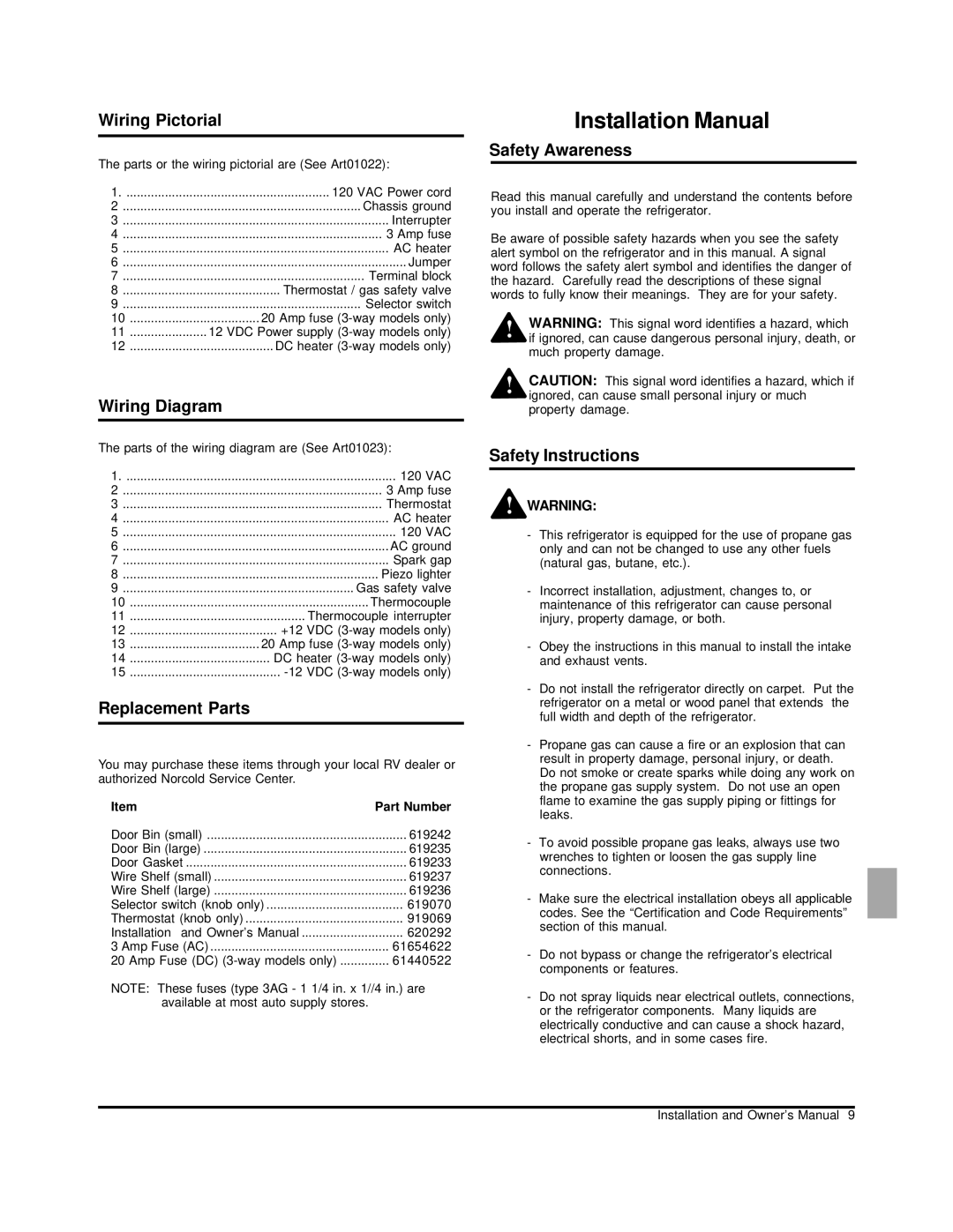 Norcold N260 owner manual Wiring Pictorial, Wiring Diagram, Replacement Parts 