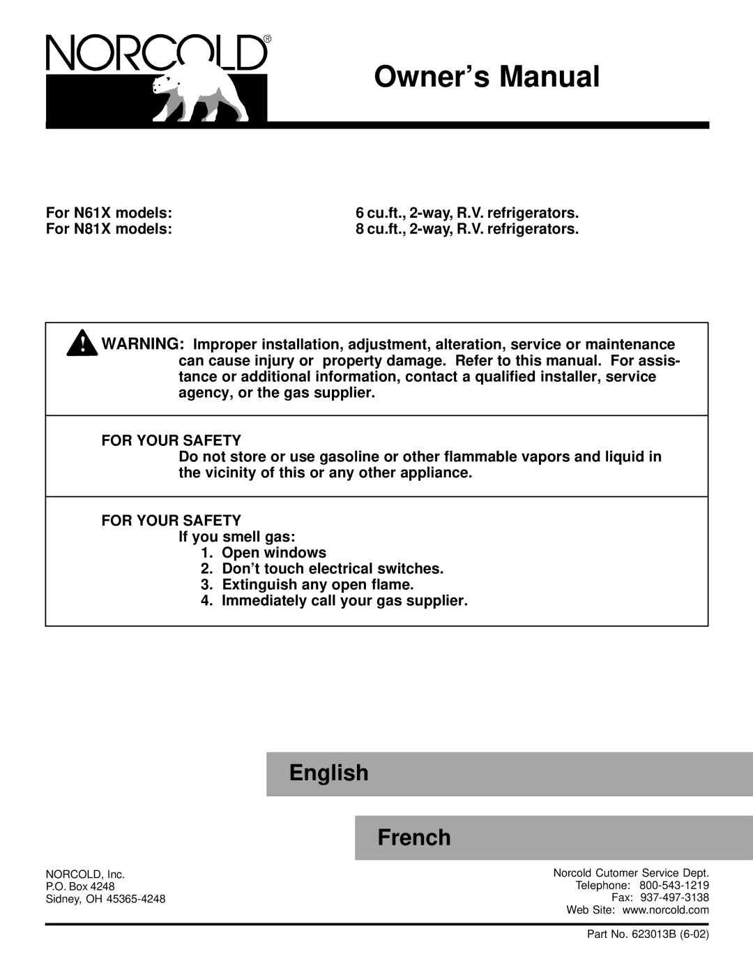 Norcold owner manual For N61X models, For N81X models 