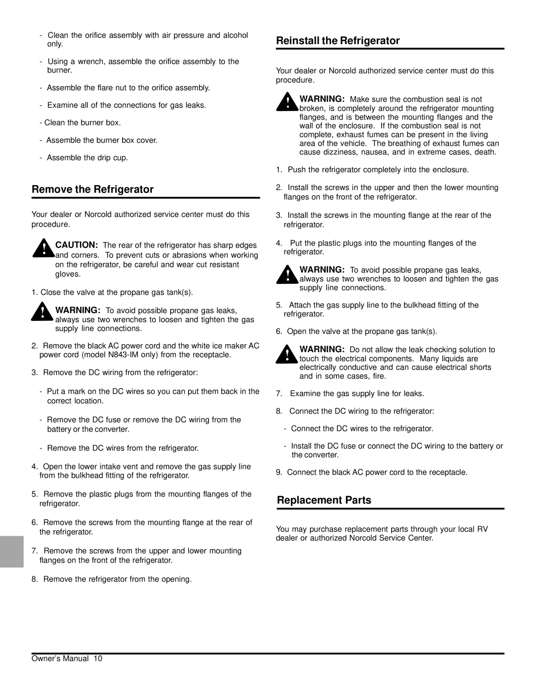 Norcold N81X, N61X owner manual Remove the Refrigerator, Reinstall the Refrigerator, Replacement Parts 