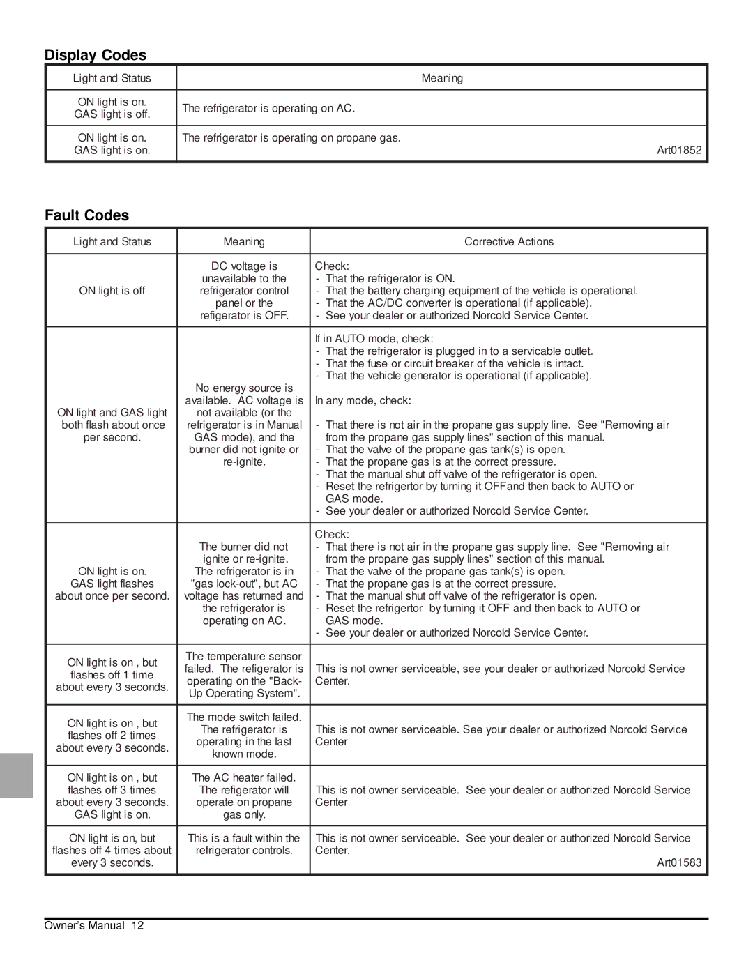 Norcold N81X, N61X owner manual Display Codes, Fault Codes 