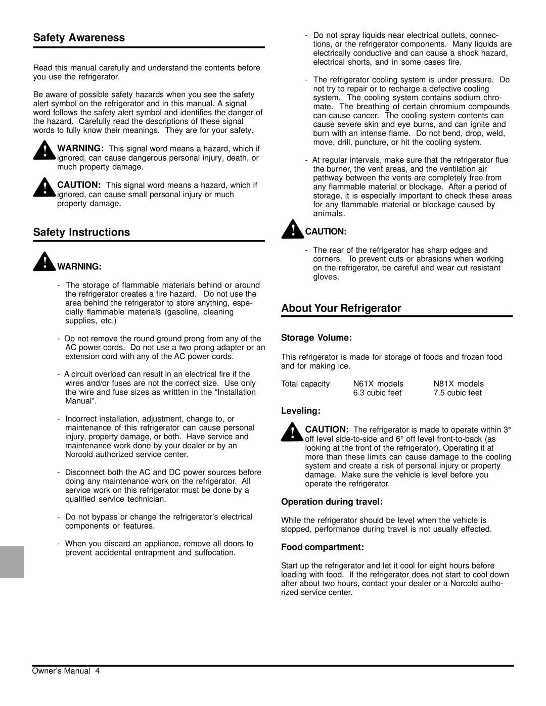 Norcold N81X, N61X owner manual Safety Awareness, Safety Instructions, About Your Refrigerator 