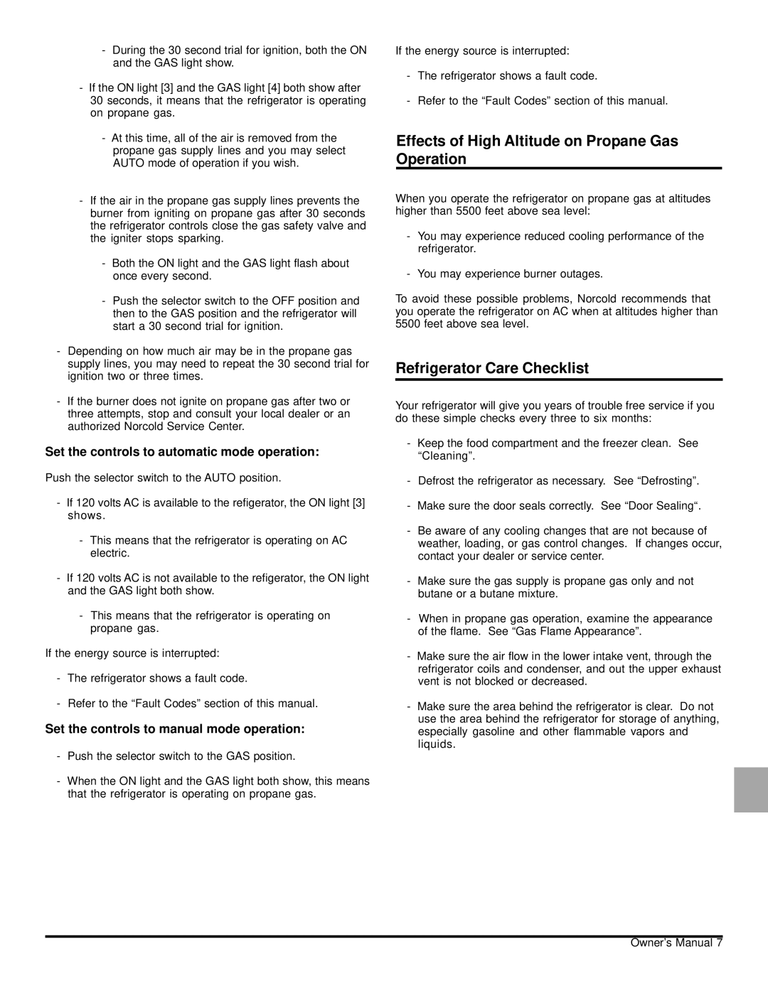 Norcold N61X, N81X owner manual Effects of High Altitude on Propane Gas Operation, Refrigerator Care Checklist 