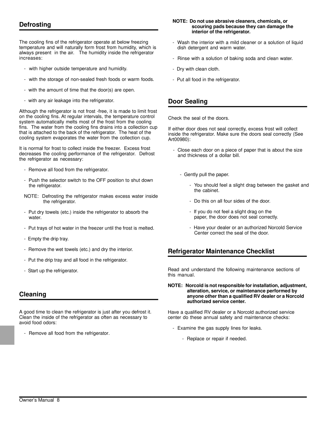 Norcold N81X, N61X owner manual Defrosting, Cleaning, Door Sealing, Refrigerator Maintenance Checklist 