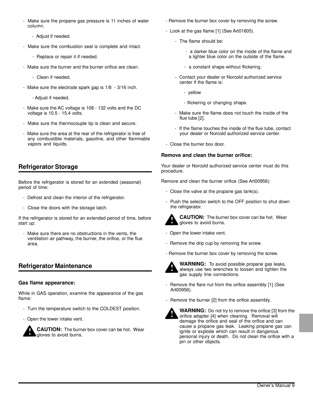 Norcold N61X Refrigerator Storage, Refrigerator Maintenance, Gas flame appearance, Remove and clean the burner orifice 