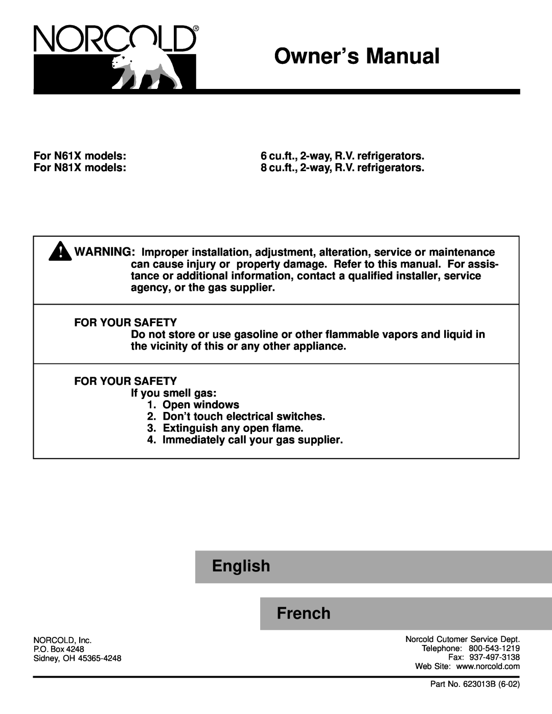 Norcold N61X, N81X owner manual English, French 