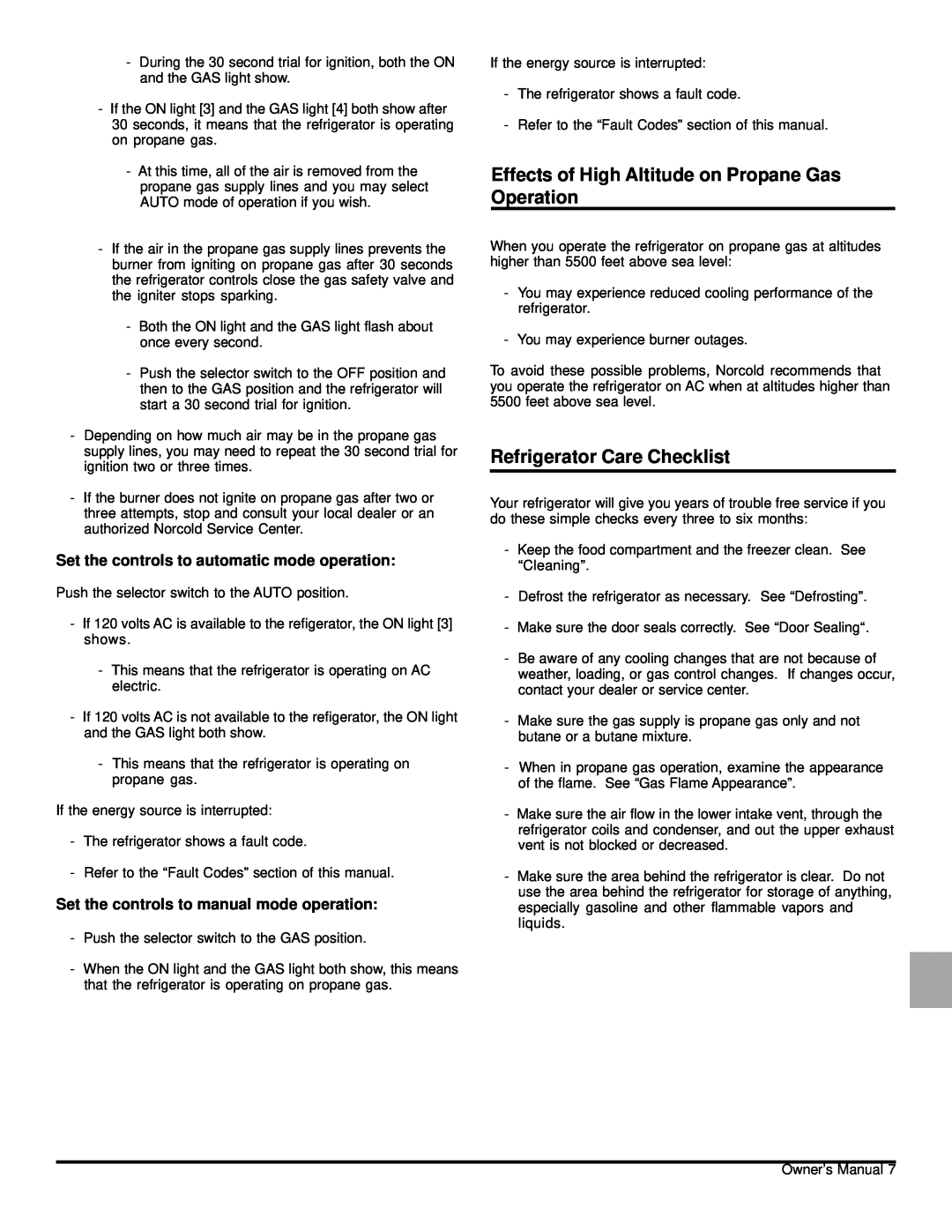 Norcold N61X, N81X owner manual Effects of High Altitude on Propane Gas Operation, Refrigerator Care Checklist 