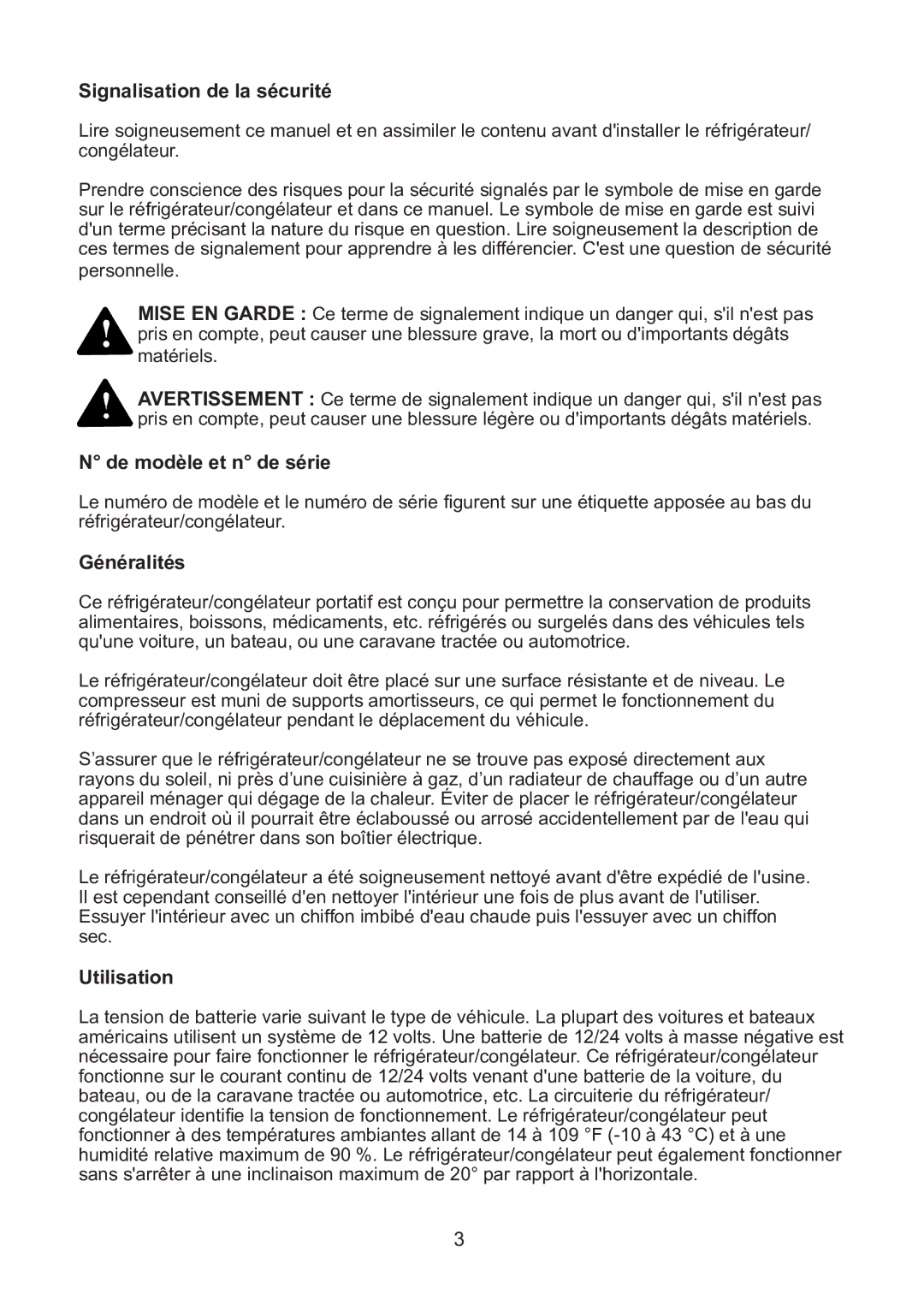 Norcold NRF30 manual Signalisation de la sécurité, De modèle et n de série, Généralités, Utilisation 