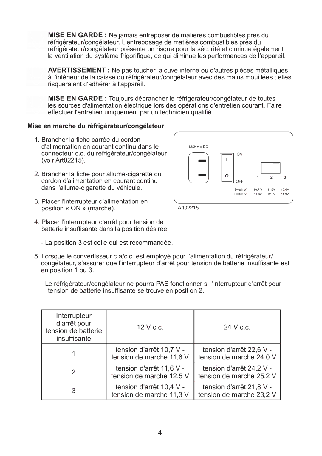 Norcold NRF30 manual 12 V c.c 24 V c.c, Mise en marche du réfrigérateur/congélateur 