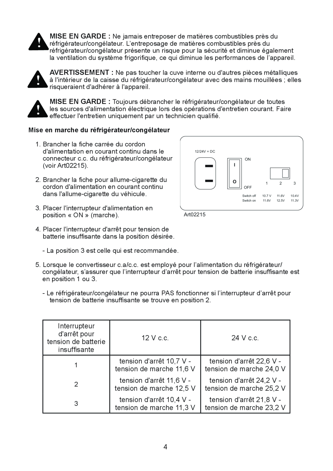 Norcold NRF30 manual Interrupteur, 12 V c.c, 24 V c.c, Mise en marche du réfrigérateur/congélateur 