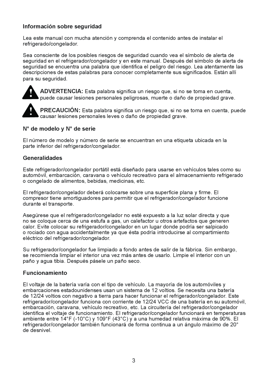 Norcold NRF30 manual Información sobre seguridad, N de modelo y N de serie, Generalidades, Funcionamiento 
