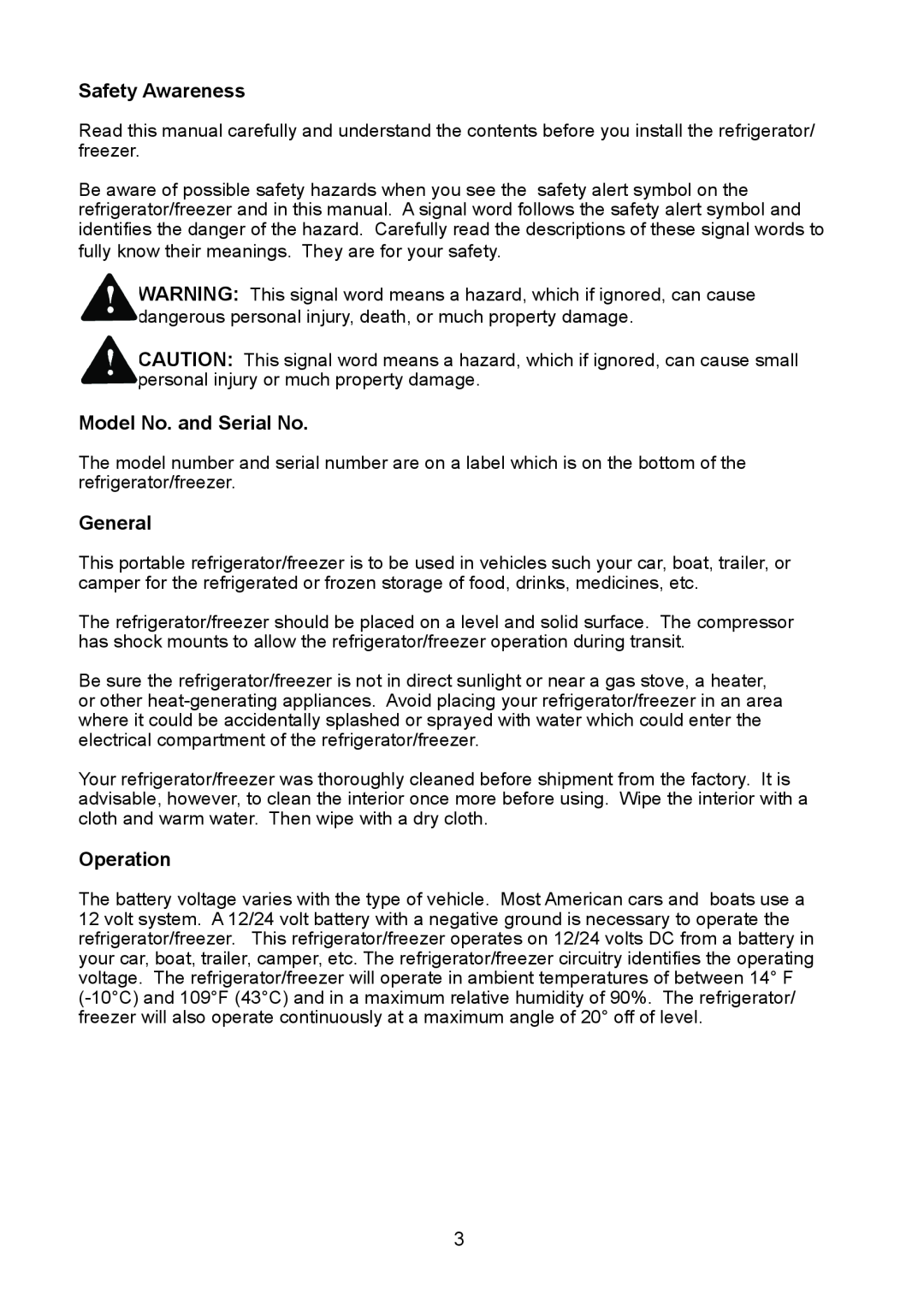 Norcold NRF30 manual Safety Awareness, Model No. and Serial No, General, Operation 