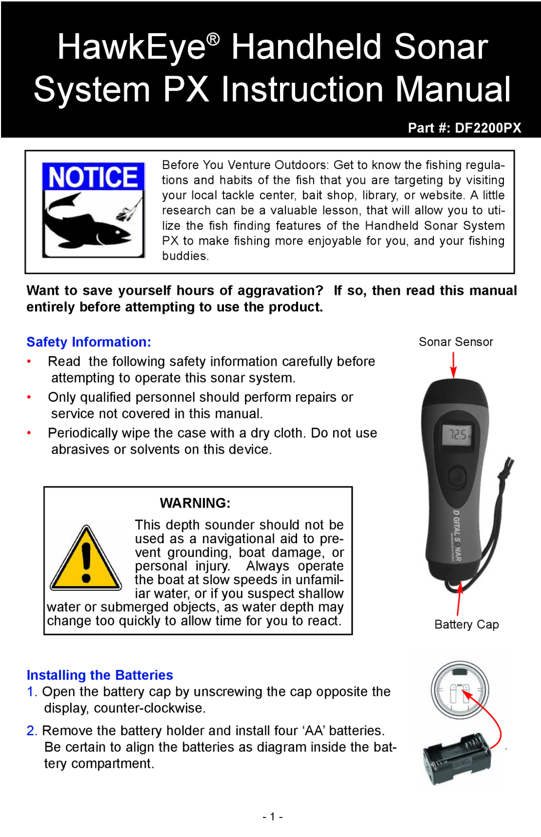 NorCross HawkEye Handheld Sonar System PX, DF2200PX manual Safety Information, Installing the Batteries 