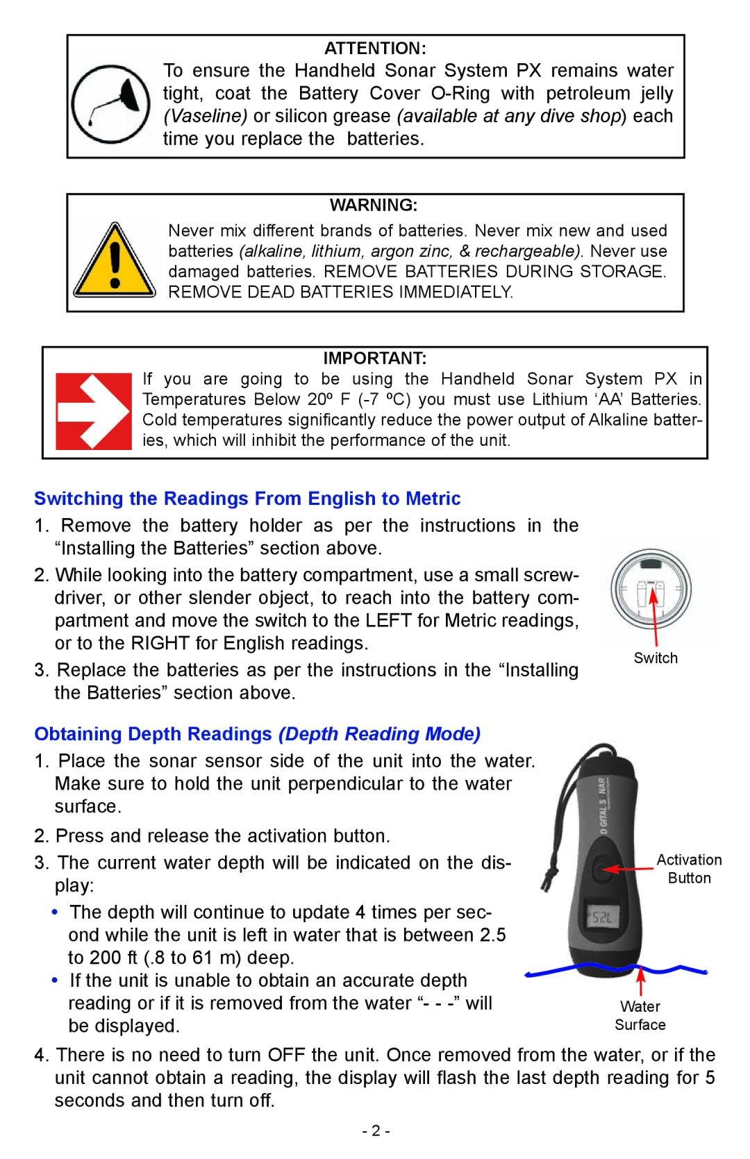 NorCross DF2200PX manual Switching the Readings From English to Metric, Obtaining Depth Readings Depth Reading Mode 