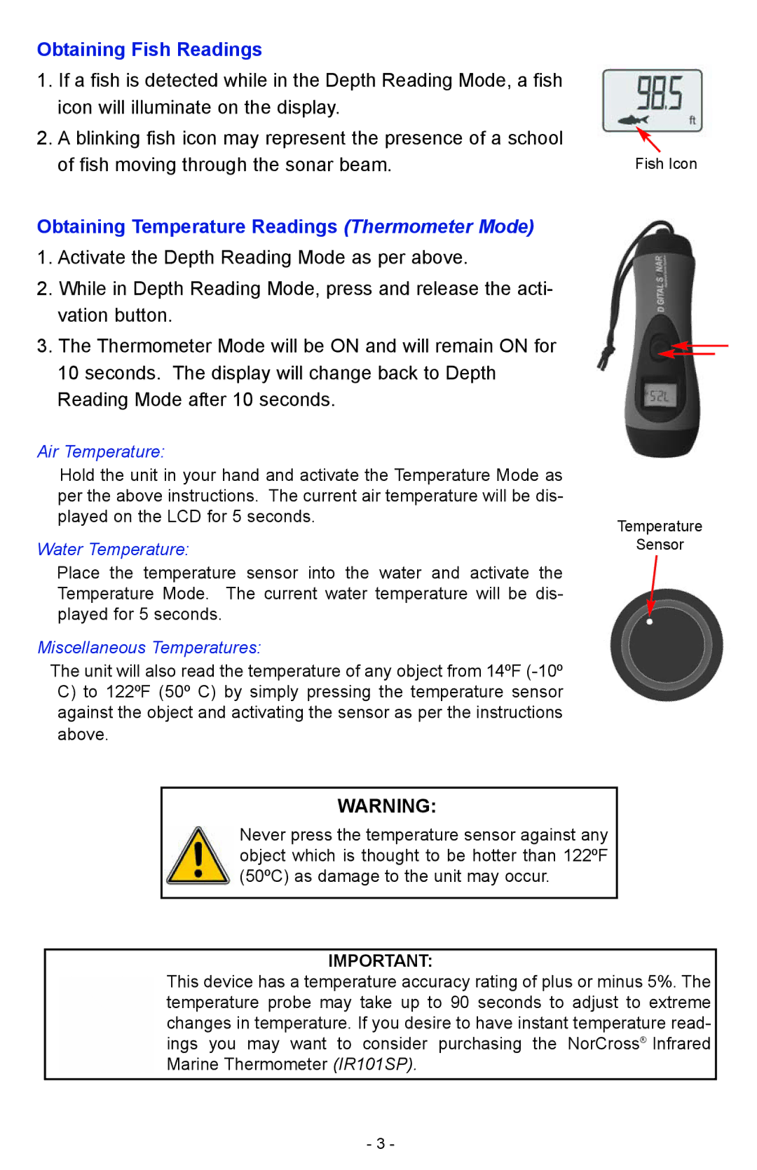 NorCross HawkEye Handheld Sonar System PX manual Obtaining Fish Readings, Obtaining Temperature Readings Thermometer Mode 