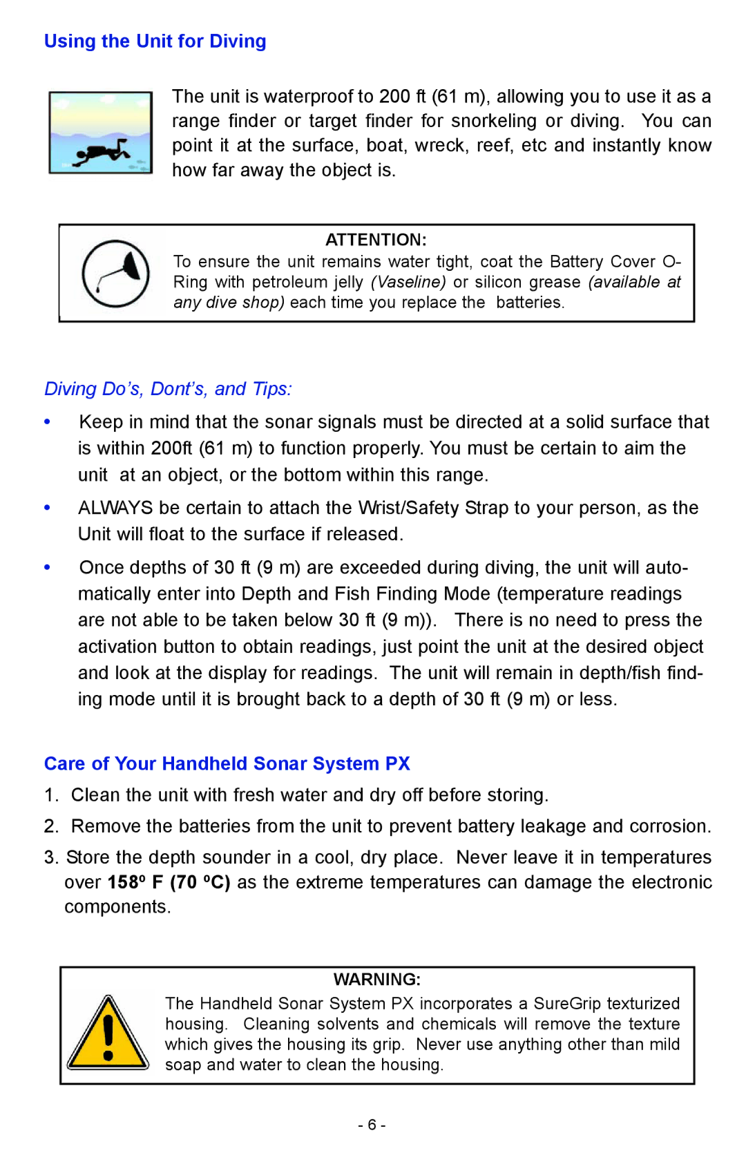 NorCross DF2200PX manual Using the Unit for Diving, Diving Do’s, Dont’s, and Tips, Care of Your Handheld Sonar System PX 