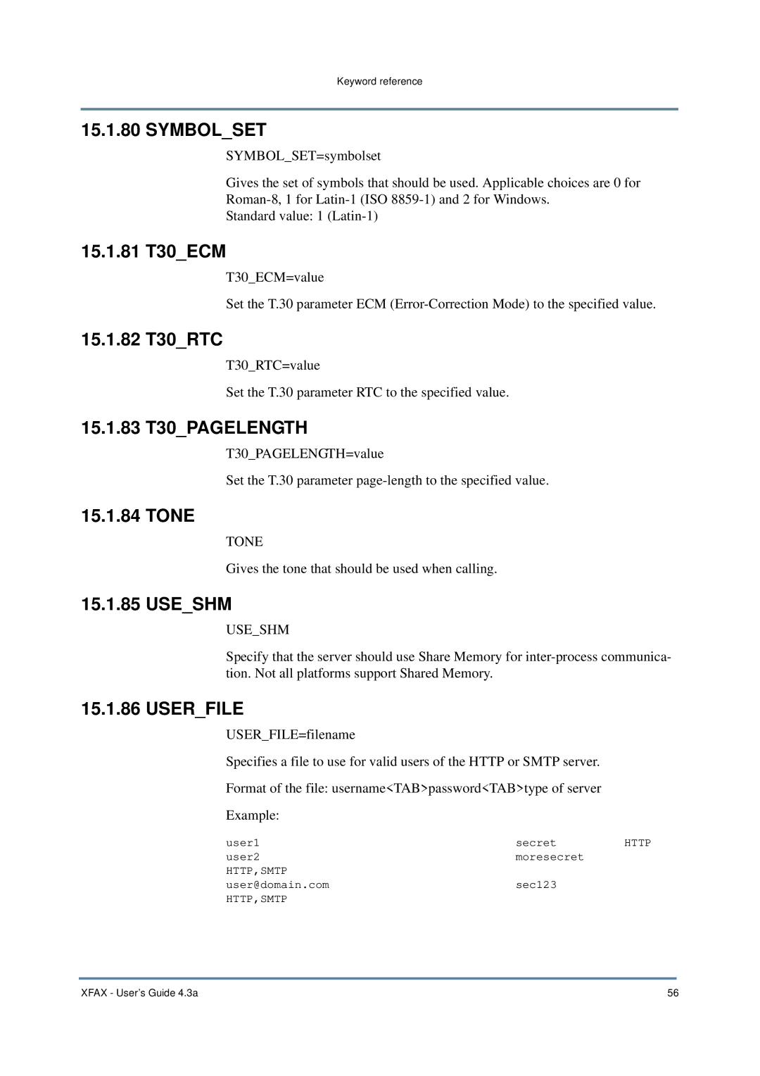 Nordic Star Products 4.3A manual Symbolset, 15.1.81 T30ECM, 15.1.82 T30RTC, 15.1.83 T30PAGELENGTH, Tone, Useshm, Userfile 