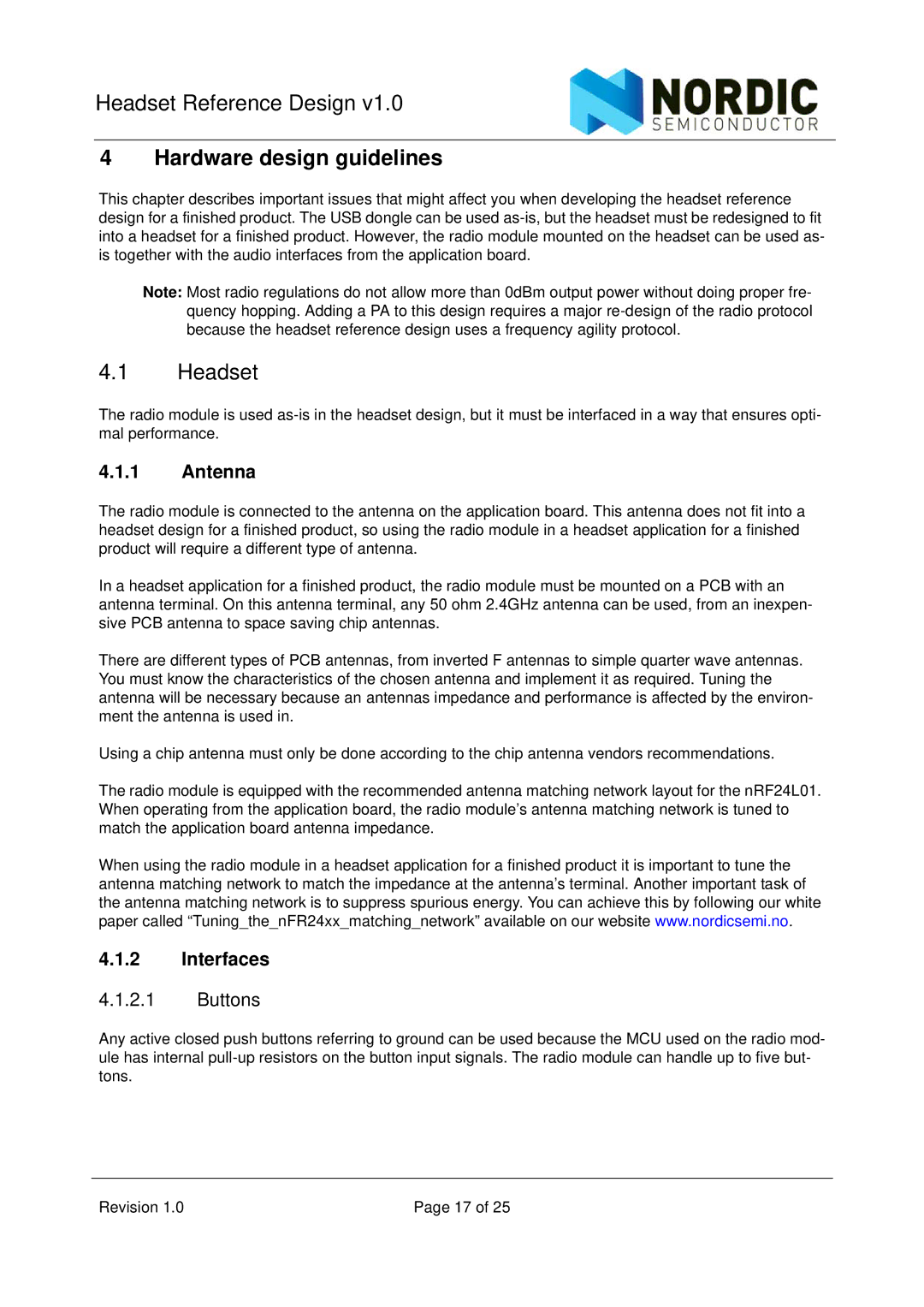 Nordic Star Products NRD24V1 manual Hardware design guidelines, Headset, Interfaces 