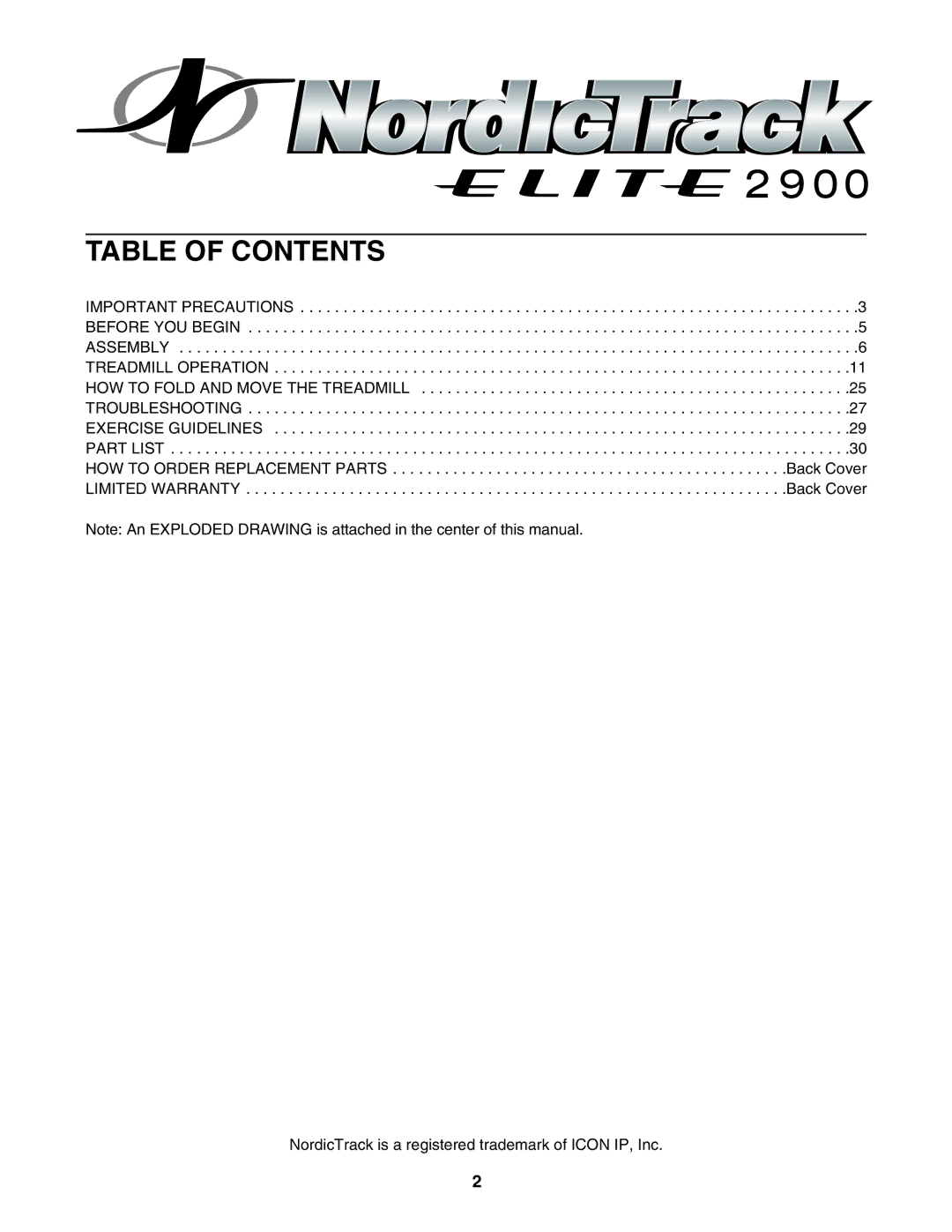 NordicTrack 0603.0 user manual Table of Contents 