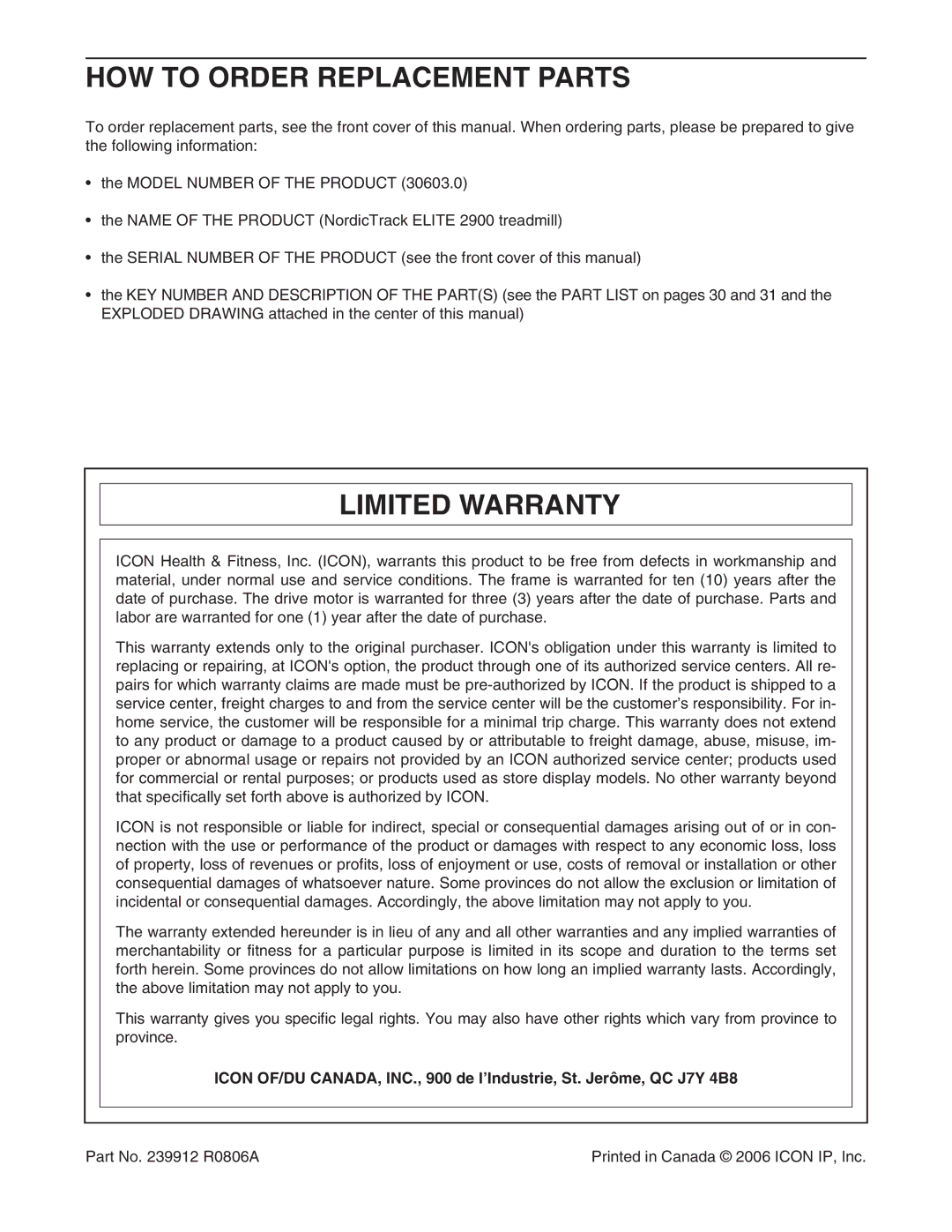 NordicTrack 0603.0 user manual HOW to Order Replacement Parts, Limited Warranty 