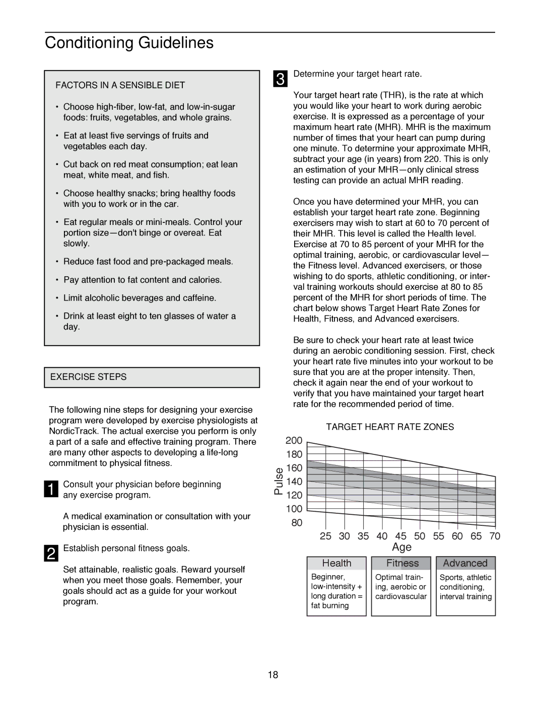 NordicTrack 1500 manual Conditioning Guidelines, Factors in a Sensible Diet, Exercise Steps, Target Heart Rate Zones 