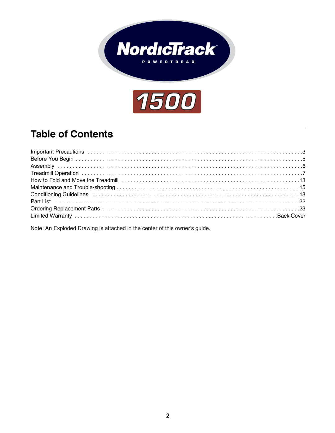 NordicTrack 1500 manual Table of Contents 